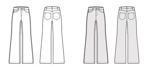Set of Jeans wide leg Denim pants technical fashion illustration with full length, low waist, rise, Rivets. Flat bottom template front, back, white, grey color style. Women, men, unisex CAD mockup
