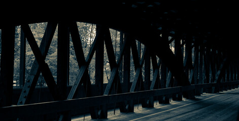 old timbers inside a covered bridge
