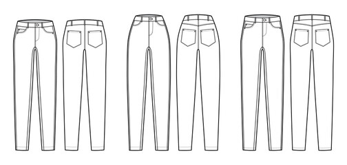 Set of Jeans tapered Denim pants technical fashion illustration with full length, normal low waist, rise, 5 pockets, Rivets. Flat bottom template front back, white color style. Women, men CAD mockup