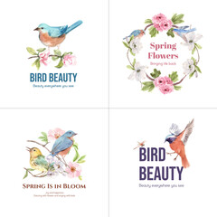 Logo design with spring and bird concept for branding and marketing watercolor illustration