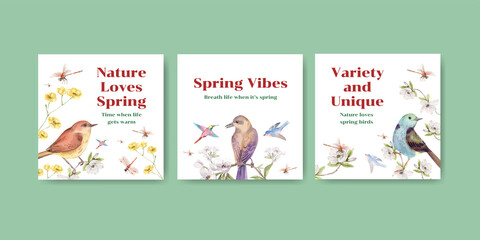 Advertise template with spring and bird concept design for marketing watercolor illustration