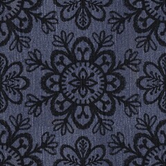 Seamless tribal ethnic rug motif pattern on dark denim texture. High quality illustration. Boho gypsy folk art style motif on seamless jean texture. Repeat raster jpg pattern swatch.