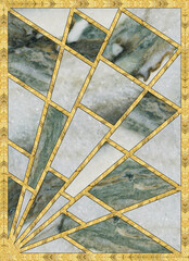 Modern mosaic, inlay. Illustration in stained glass style. Art deco background. Geometric pattern. Colored texture and golden artificial stone structure. Abstract print, creative tile surface