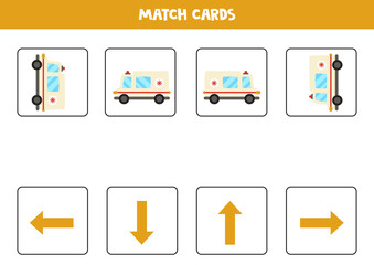 Left, right, up or down. Spatial orientation with cartoon ambulance car.