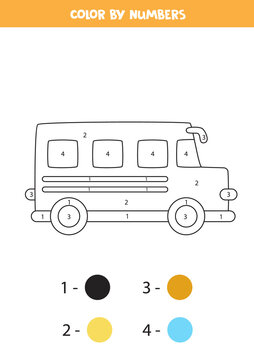 Color cartoon school bus by numbers. Transportation worksheet.