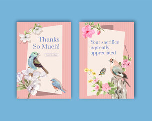 Thank you card template with spring and bird concept design for greeting and invitation watercolor illustration