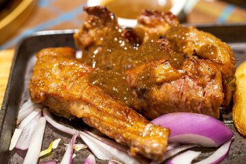 A tempting five mature rib-eye steak, beef ribs