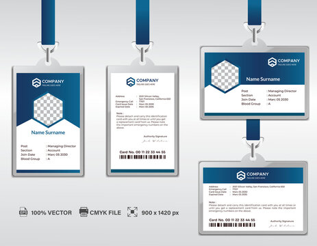 Corporate ID Card Design Template. Modern Horizontal and Clean Blue Identity Cards with CMYK colors. Vector EPS