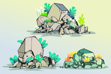 The Stones and Shrubs Isolated. Vector