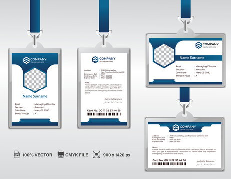 Corporate ID Card Design Template. Modern Horizontal and Clean Blue Identity Cards with CMYK colors. Vector EPS