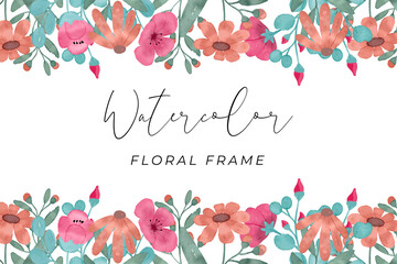 pink and orange pastel flower watercolor frame background with pink pastel color and tosca leaf color