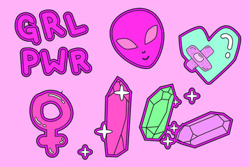 Set of cool girlish trendy stickers. Lettering of feminist slogan "GRL PWR" an abbreviation and short version of the "Girl Power". © local_doctor