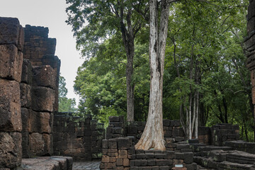 Fototapeta premium Beautiful exotics tree on rain season at Prasat Mueang Sing Historical, a famous stone ruins in Kanchanaburi, Thailand