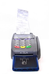 Pos payment terminal print long store receipt with qr code for purchase on white background....