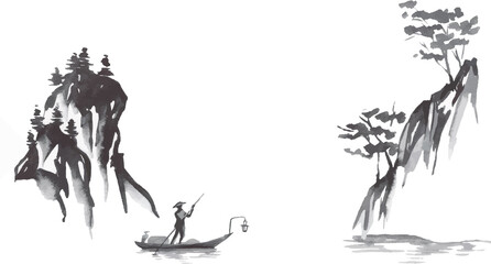 Japan traditional sumi-e painting. Fuji mountain, sakura, sunset. Japan sun. Indian ink vector illustration. Japanese picture.