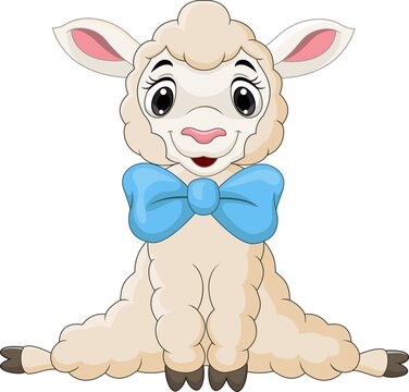 Cartoon Baby Lamb Sitting With Blue Bow