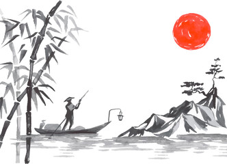 Japan traditional sumi-e painting. Fuji mountain, sakura, sunset. Japan sun. Indian ink vector illustration. Japanese picture.