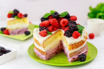 Tasty berry cake decorated with fresh raspberries and blackberries.