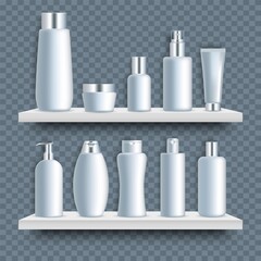 White blank bathroom cosmetic bottle mockup set, vector illustration. Realistic dispenser, spray, pump bottles on shelves. Packaging containers for cream, soap, lotion, shampoo other cosmetic products