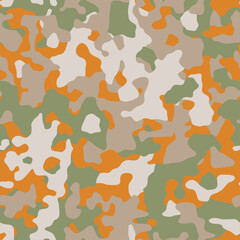 Camouflage. Modern urban camo print for fabric. Green brown and orange  autumn camo pattern, abstract geometric background. Seamless mosaic texture. Vector wallpaper