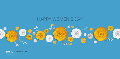 womens day 8 march holiday celebration banner flyer or greeting card with decorative paper flowers 3d rendering horizontal copy space vector illustration © mast3r