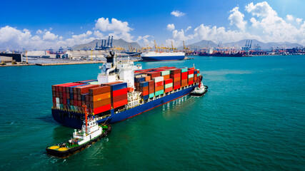 container ship sailing in green sea and  tugboat drag  shipping to seaport