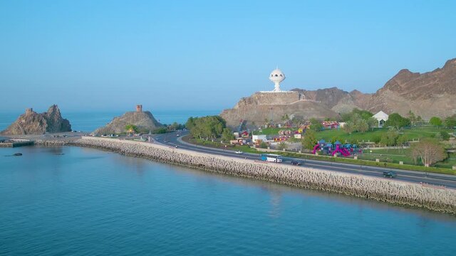 Aerial view of Al Riyam park with the giant incense burner at the corniche in Muscat. Oman