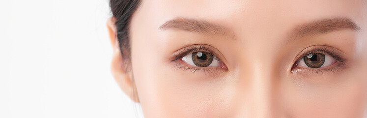 close up of beauty asia woman eye on white background