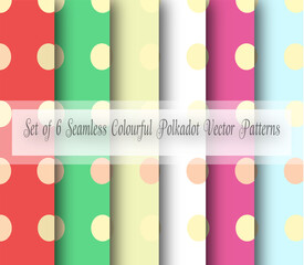 Set of 6 Seamless Colourful Polkadot Vector Patterns
