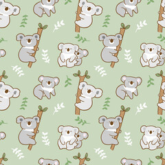 Seamless Pattern with Cartoon Koala Bear Illustration Design on Green Background