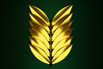 3d illustration of a golden twig with the same leaves. Palm tree twig on green background