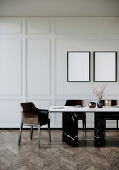 vertical picture frames mock up in modern retro dinning room interior with black chairs and dining table with wooden floor and white wall, 3d rendering vertical background