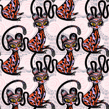 Dynamic exotic artistic folk boho contemporary style tropical cat seamless pattern. Modern kitty animal background.