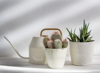 succulents stand on a white shelf in the sunlight. Home garden, cacti