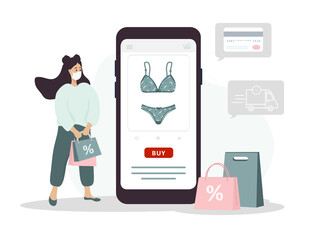 Online shopping on website or mobile app. Woman buys modern underwear at online lingerie store. The product catalog on the web browser page. Vector illustration in flat cartoon style.