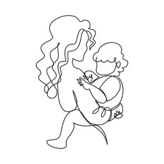 A young mother holds her baby in her arms. Vector illustration, continuous line, minimalism, lineart. Postcard, poster, emblem, logo, icon, embroidery