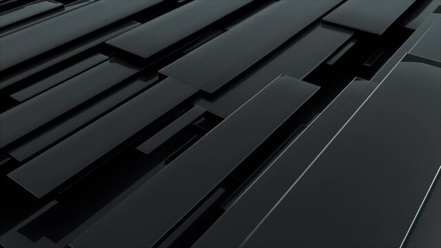 3d rendering of black glossy rectangular panels at different levels. Computer generated abstract geometric backdrop.
