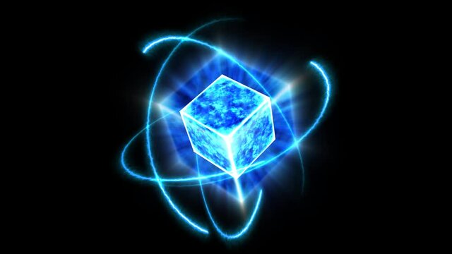 mystery dark blue wave cube empty core energy surface and atom moving by infinity energy