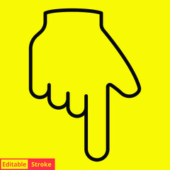 Backhand index pointing down line icon. Simple outline style. Hand, down, arrow, finger concept. Vector illustration isolated on yellow background. Editable stroke EPS 10