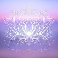 Spiritual symbol of lotus with tribal decoration on gently blurred ocean and sunset background. Calm and meditation. Water lily with boho ornament on lilac sunrise sea.
