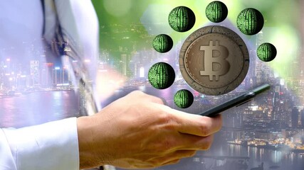 Businessman using a smartphone and working on bitcoin cryptocurrency Coin and business or finance money concept - Powered by Adobe