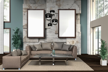 Mockup rectangle wooden frame white copy space for decoration on loft and vintage luxury room interior of modern and trendy sofa furniture on landscape nature view from window. 3D render illustration