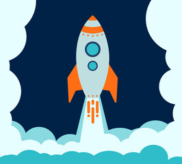 Naklejka na ściany i meble Blue rocket takes off into space in a cloud of steam. rocket space ship in flat style. concept Start up Business. Dark Vector Illustration.