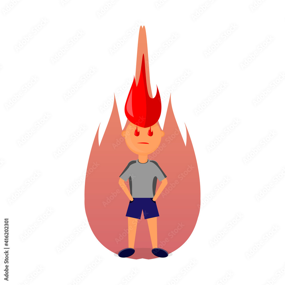 Poster creative vector character design of a man with hair and eyes like fire as if he is angry