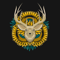 Illustration of deer head with flower frame for t-shirt or tattoo design