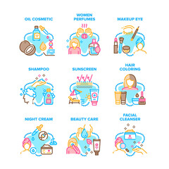 Cosmetic Beauty Set Icons Vector Illustrations. Oil Cosmetic And Women Perfumes, Makeup Eye And Hair Coloring, Facial Cleanser And Beauty Care, Night Cream And Shampoo Color Illustrations