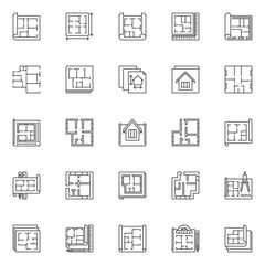 House Plan outline icons set. Vector House or Apartment Project On Blueprint concept line symbols or design elements
