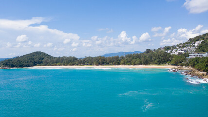 Fototapeta na wymiar Aerial: Surin beach is a beautiful white-sand beach which is located at Phuket, Thailand