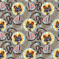 Magic living dead contemporary bone zombie three eye Cat demon seamless pattern. Retro modern kitty aesthetic background