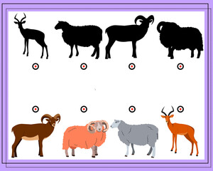 Game for kids find the right shadow. Choose the right shade for the artiodactyls. Vector illustration isolated on white background